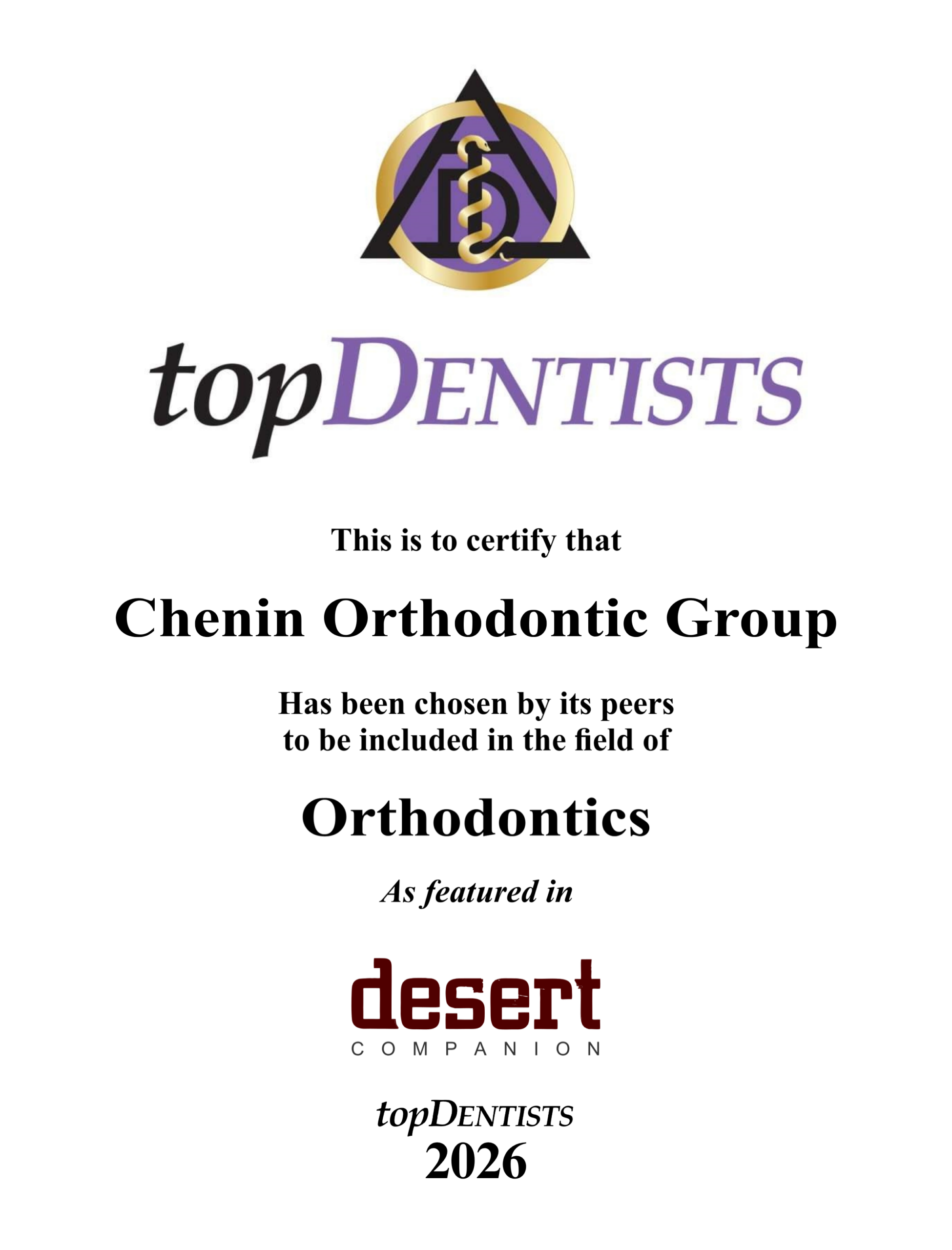 topDentists 2026 certificate for Chenin Orthodontic Group